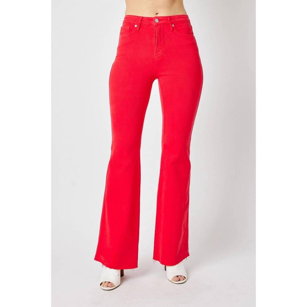 NEW JUDY BLUE waist tummy control garment flare denim jeans in dyed red